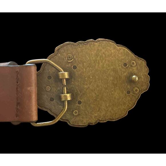 Vintage Brown Leather Cabi Belt Size M Large Oval Brass Ornate Buckle Adjustable - Picture 4 of 5